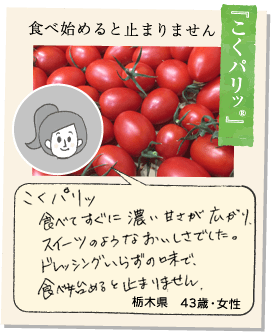 【つやぷるん®】つやぷるん®はまるでトマトとは思えないほど甘くトマトの苦手な子供でも食べられる本当に不思議なトマトでした。ぜひたくさんの人たちに食べてもらいたいと思いました。栃木県43歳女性